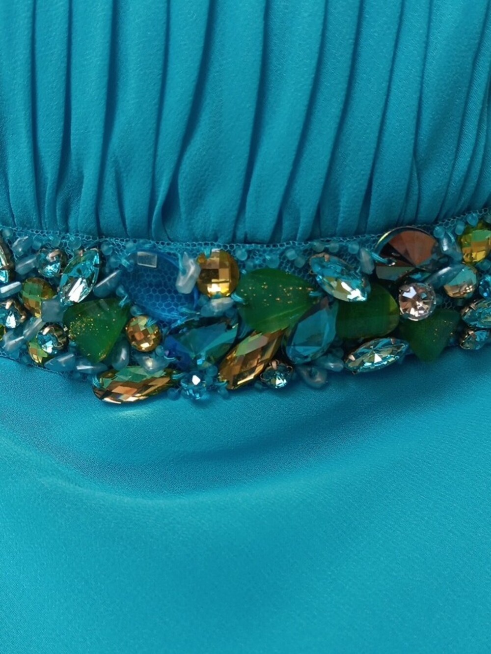 Strapless Aqua Evening Gown with Beaded Detail - Picture 5 of 13
